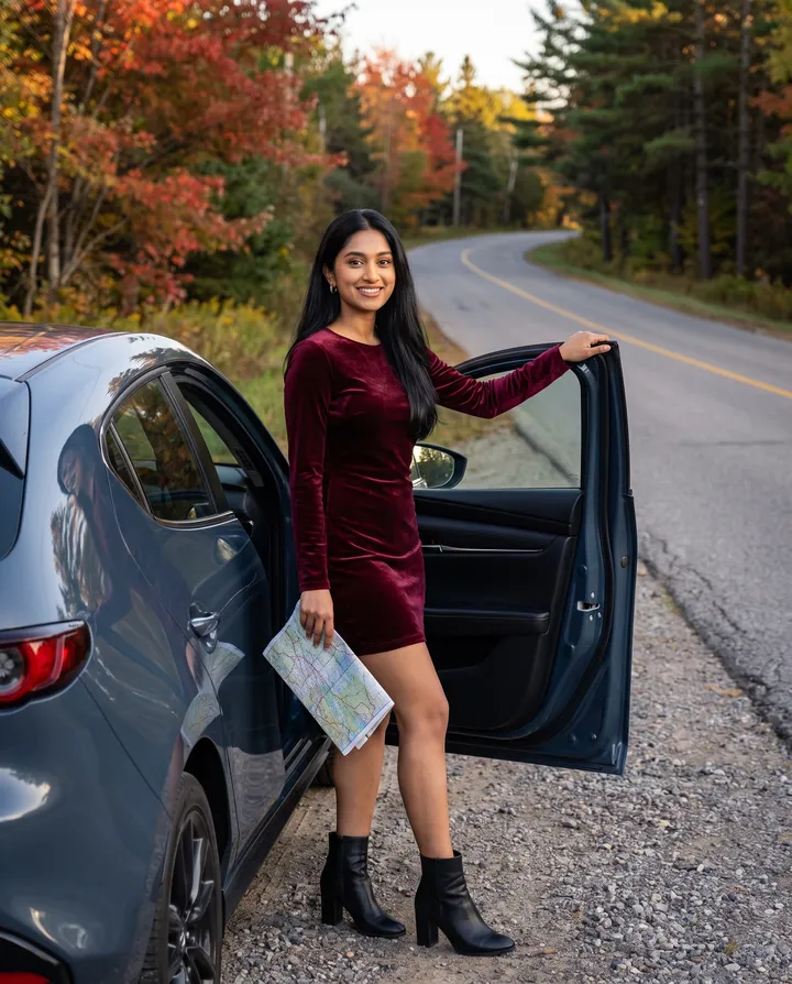 Woman by an open car door on an autumn road