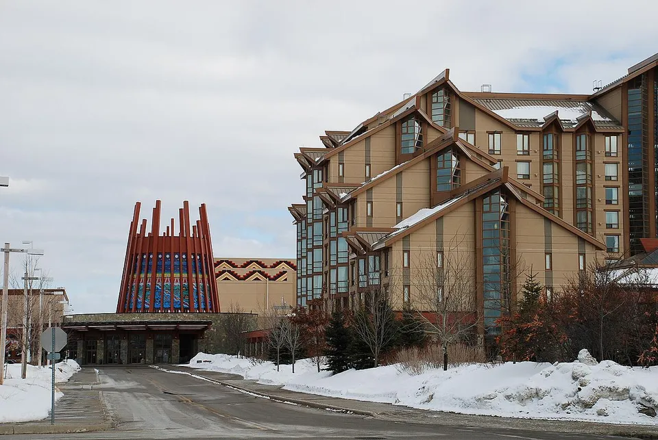 Casino Rama hotel tower beside the entrance in winter