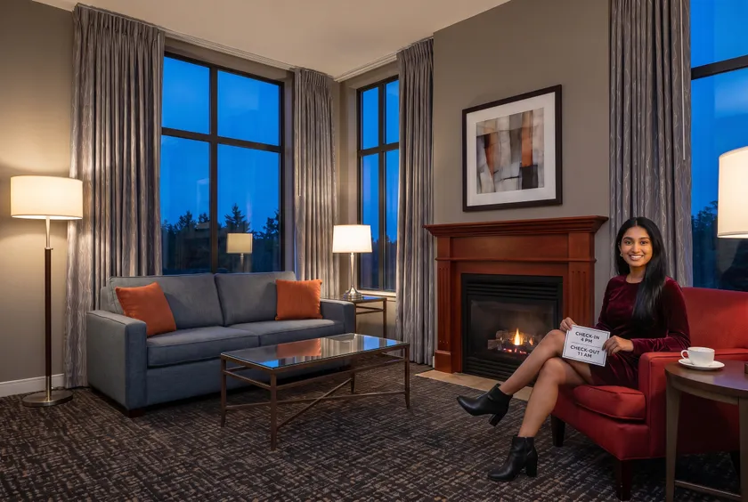 Check-in and check-out card by a suite fireplace